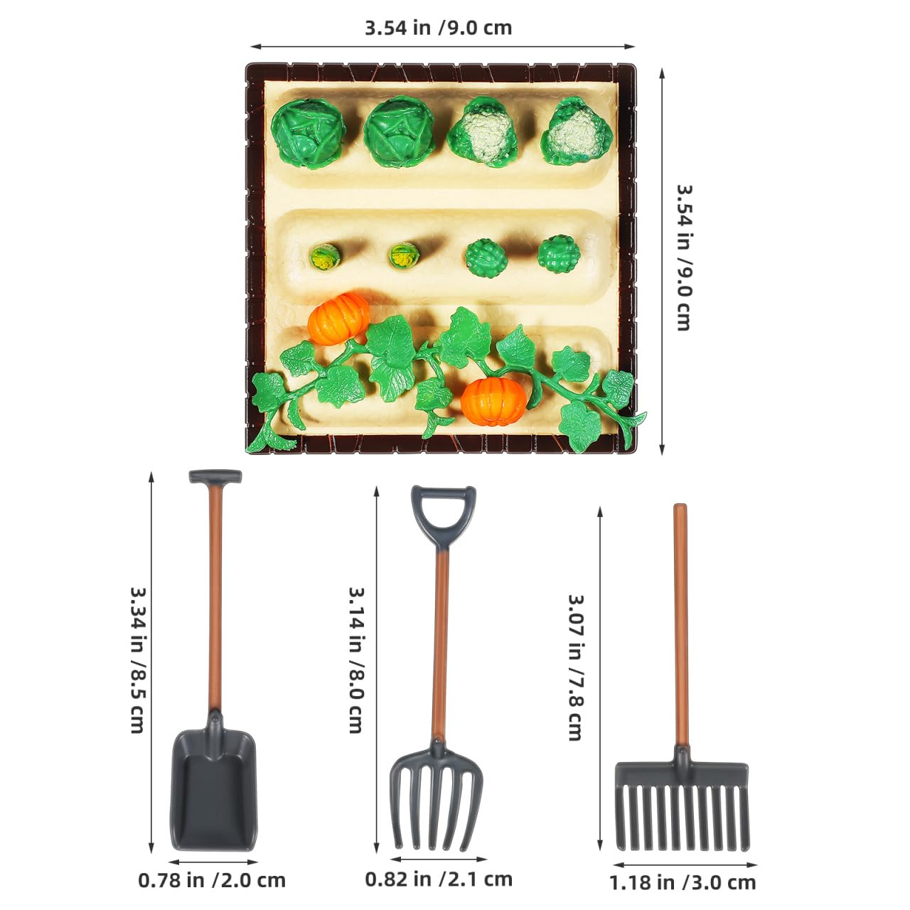 Mini Landscape Vegetable Field Model with 3 Farm Tool Models 1/12 Scale Small Shovel Gardening Tools for Dollhouse Scene Decor 3.54X3.54X0.78 Inch