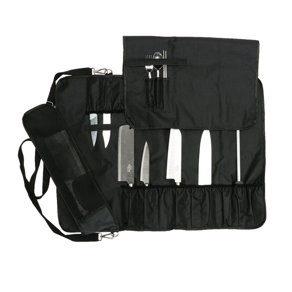 HERSENT Knife Roll,Chef Knife Roll Bag With 17 Slots Can Holds13 Knives,1 Meat Cleaver, And 3 Utensil Pockets,Durable Knife Bag With Handle,Shoulder Strap & Zippered Mesh Pocket Holder