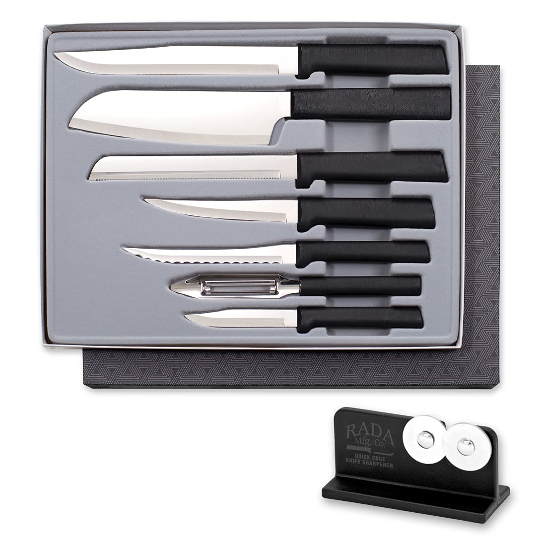 Rada Cutlery The Starter Gift Set (G238), 7-piece Knife Set with Quick Edge Sharpener (R119), Stainless Steel Blades, Black Handle