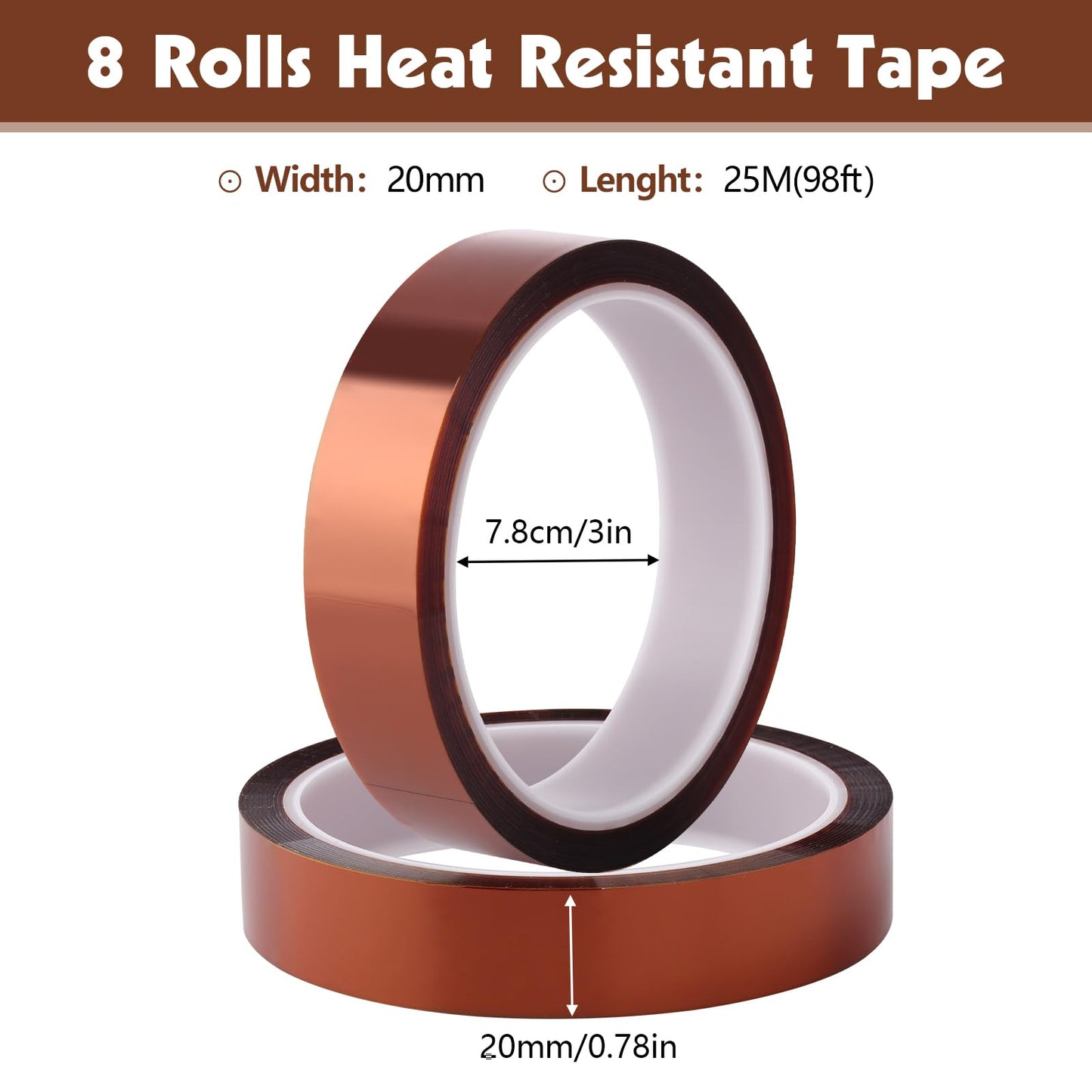 Fyguard 8 Rolls 20mm×25m (82Ft) Heat Resistant Tape, High Temperature Transfer Tape for Sublimation Heat Press Electronic Soldering Masking, No Residue