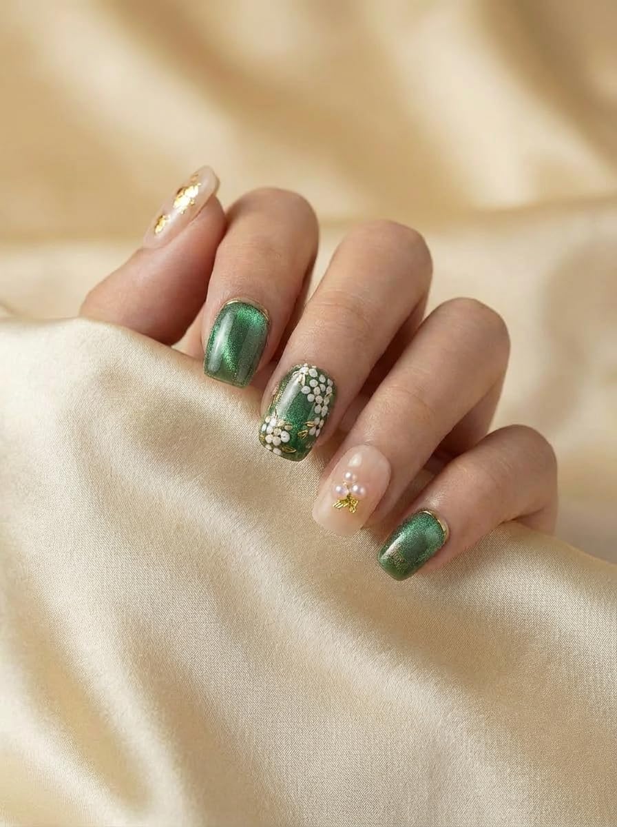 Botanical Garden - Handmade Short Coffin Press on Nails Green Cat Eye Fake Nails with Botanical Design 10Pcs Size M Complete Kit Press Ons - Eli Miré
