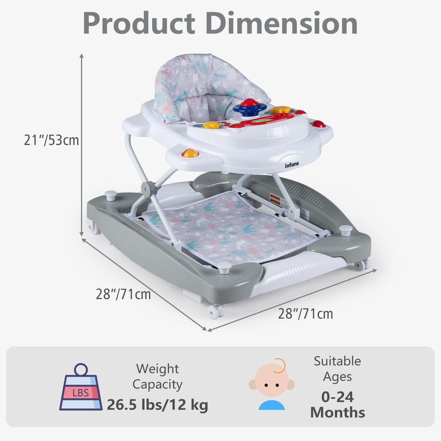 INFANS Baby Walker, 5 in 1 Behind Walker Learning Seated Rocker Bouncer with Removable Music Tray, Adjustable Height, Washable Seat Cushion, Foldable Activity Center for Toddlers (Light Gray)