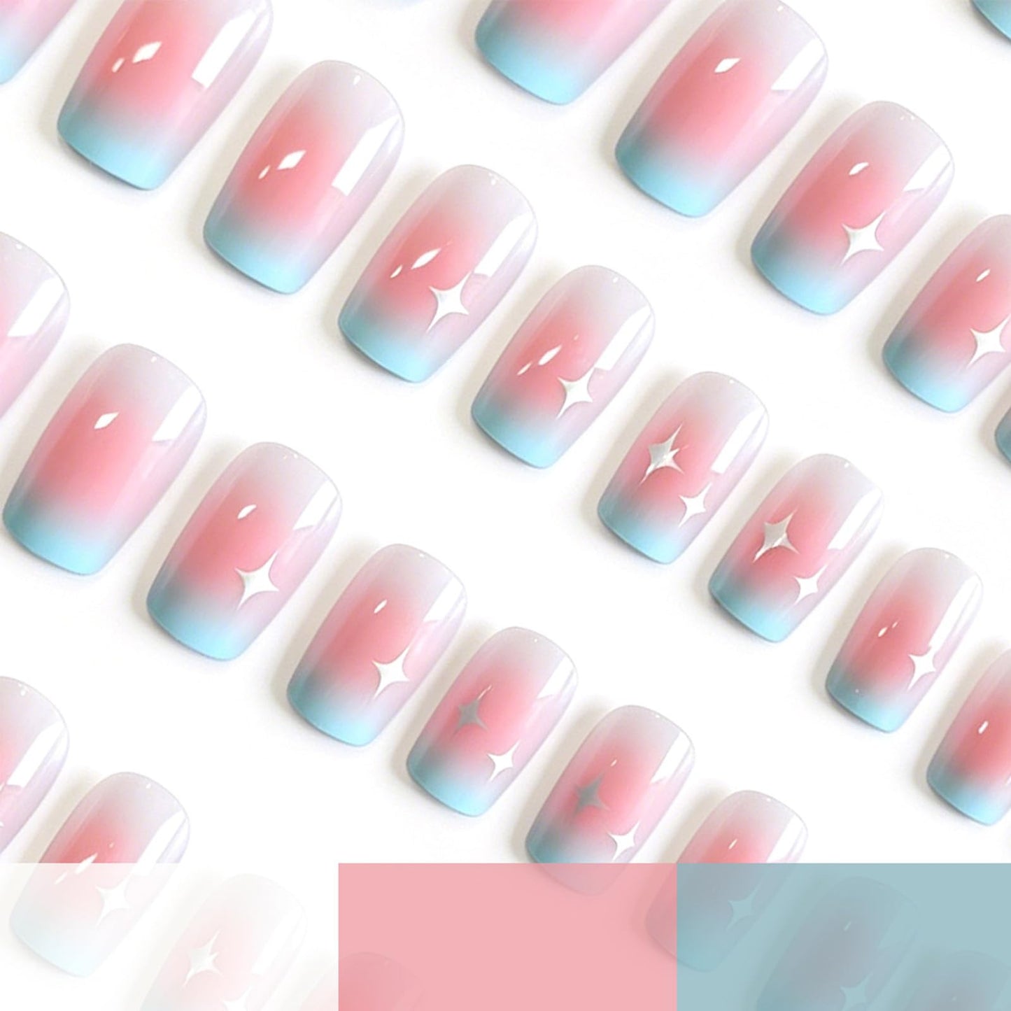 Blue Pink Ombre Press On Nails Glossy Medium Square Fake Nails with Star Design Cute Starry False Nails Reusable Acrylic Stick On Nails for Women Daily Wear, 24 Manicure Kit with Adhesive Tabs