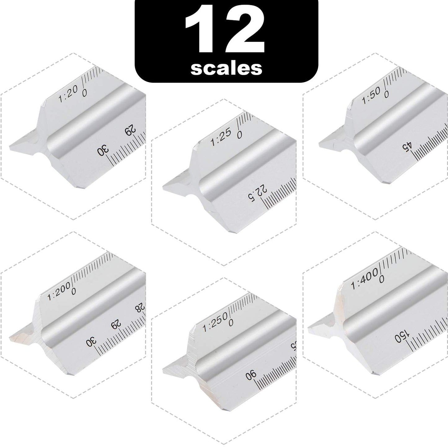 6 Pcs Triangular Ruler Set 12 Inch Engineering Scale Aluminum Architect Drafting Ruler Metal Protractor Arquitectura Accessories for Students Draftsman Engineers Metric
