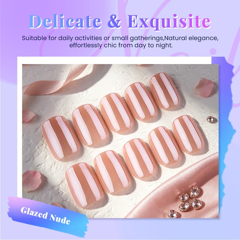 evpct Nude Glazed Press on Nails Short Square No Glue, Petite Short Square Chrome Metallic Aurora Stick on Nail for Women Gift, Reusable Full Cover Soft Press on Nail Perfectly Fit with Glazed Design