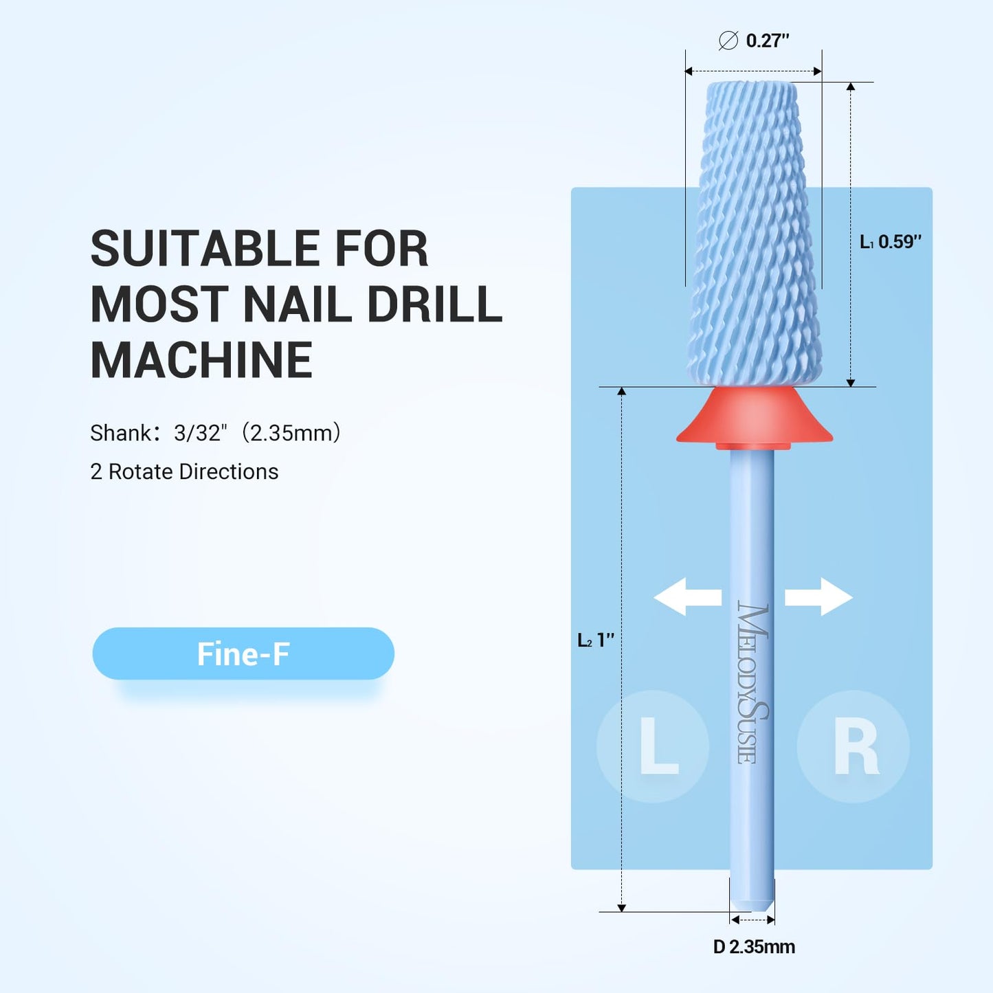 MelodySusie Professional 5 in 1 Nail Drill Bits, 3/32'' Carbide Tungsten Multi-function Bits, Suitable for Manicure Pedicure Cuticle Gel Polishing, Technicians Bits, Light Blue, Series Bit-M, F