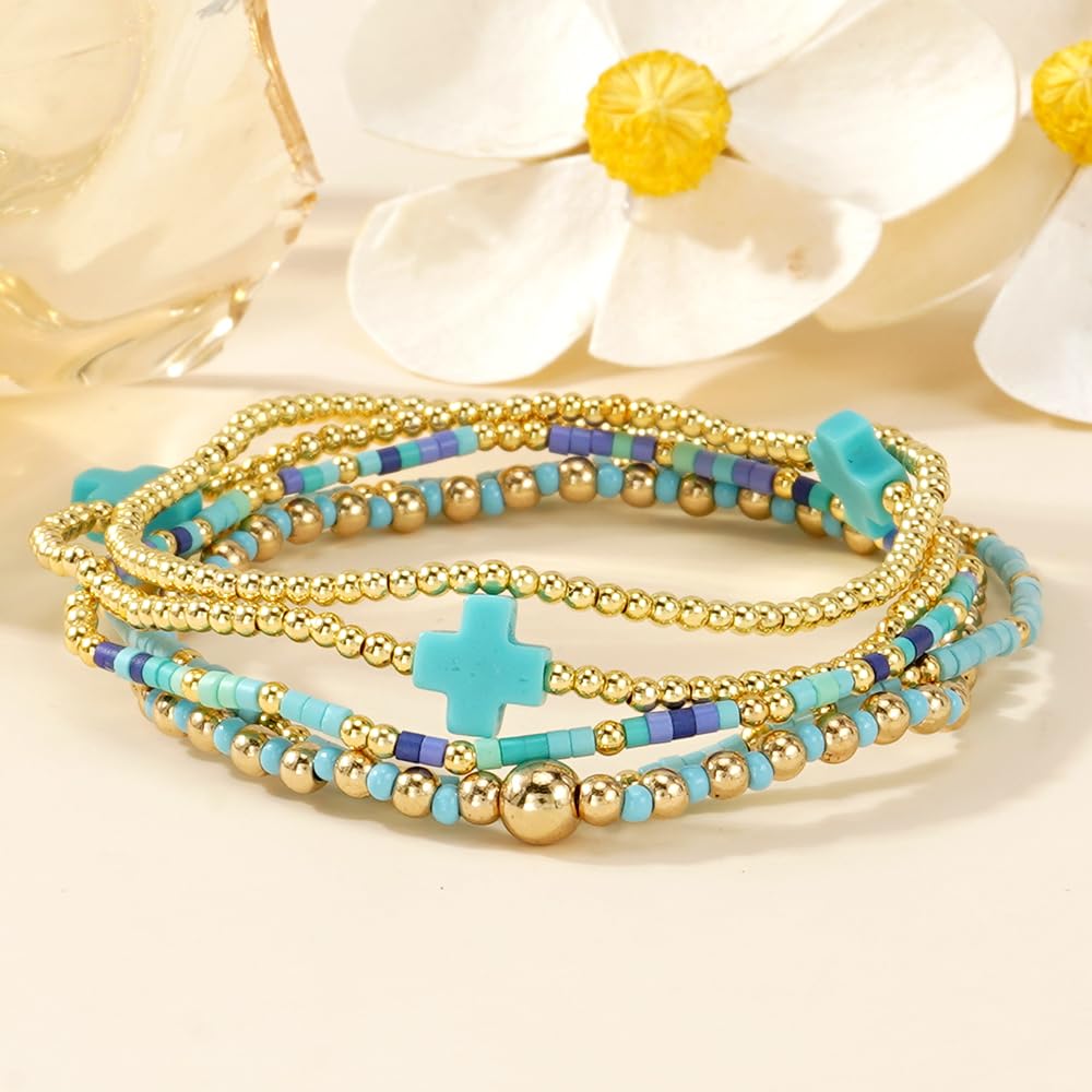 Bohxantium Gold Beaded Cross Bracelets Stack for Women, Blue Boho 5PCS Stackable Stretch Set with 14K Gold Beads - Waterproof Non Tarnish Jewelry for Beach Summer Party Christian Faith Friendship Gift