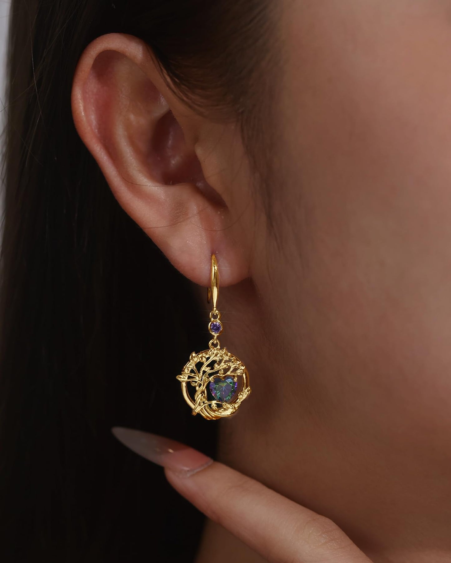 FANCIME Tree of Life Earrings 925 Sterling Silver Yellow Gold Plated Alexandrite Dangle Drop Gemstone Earring June Birthstone Fine Jewelry Birthday Mothers Day Gifts for Mom Women