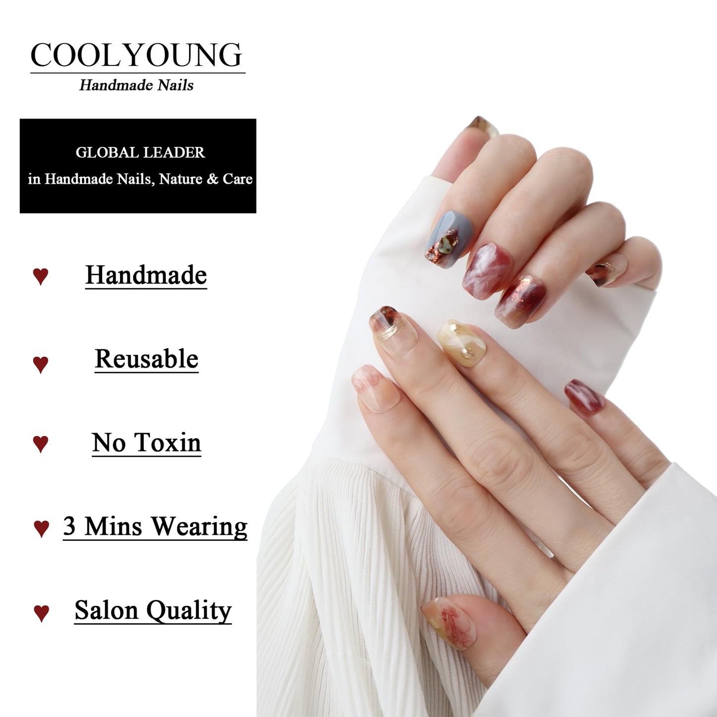 Press On Nails - Short Square Nails, Thick Acrylic Multi-Layer Gel Fake Nails, Hand Made Press On Nails Short, COOLYOUNG Nails, 10 PCS, Size S