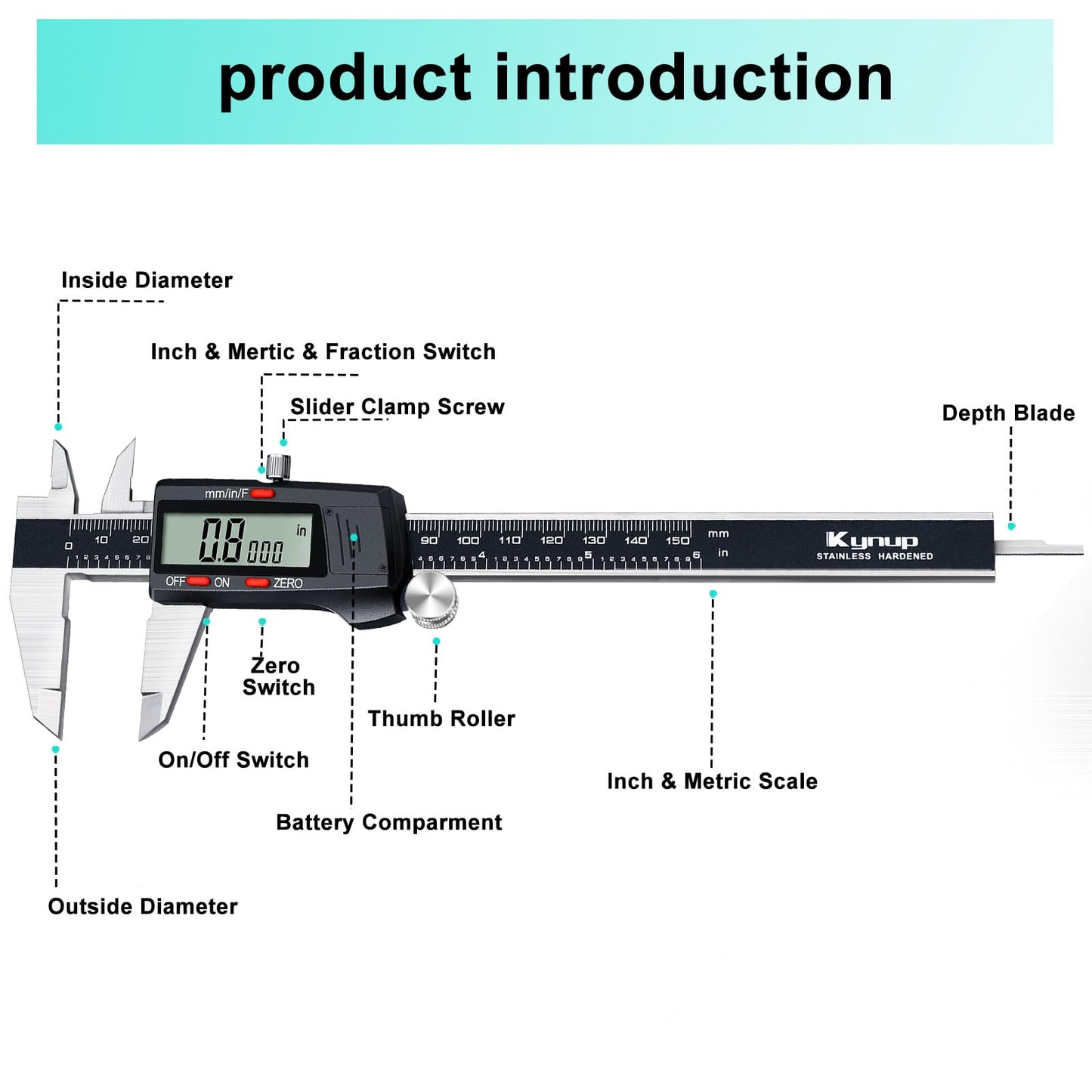 Kynup Digital Vernier Caliper, Caliper Measuring Tool, Outside Micrometer Dial Caliper with Stainless Steel, Large LCD Screen, Auto - Off Feature, Inch Metric Fraction Conversion (6Inch/150mm)