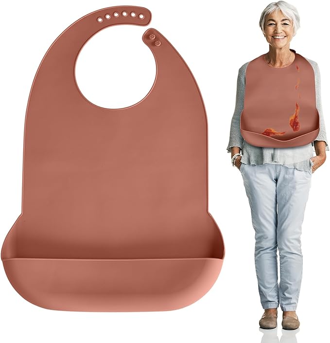 Adult Bibs for Men Women Elderly Adjustable Washable Silicone Adult Bibs for Elderly with Crumb Catcher (Brown)