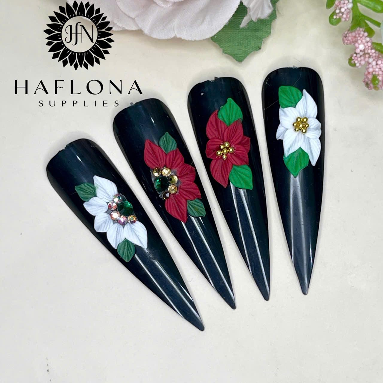 Set 8Pcs 3D Acrylic Christmas Flower Nail Art Charms - Medium Flowers Handmade by Acrylic Powder for Salon Nails Deco (8pcs Medium Christmas Flowers)
