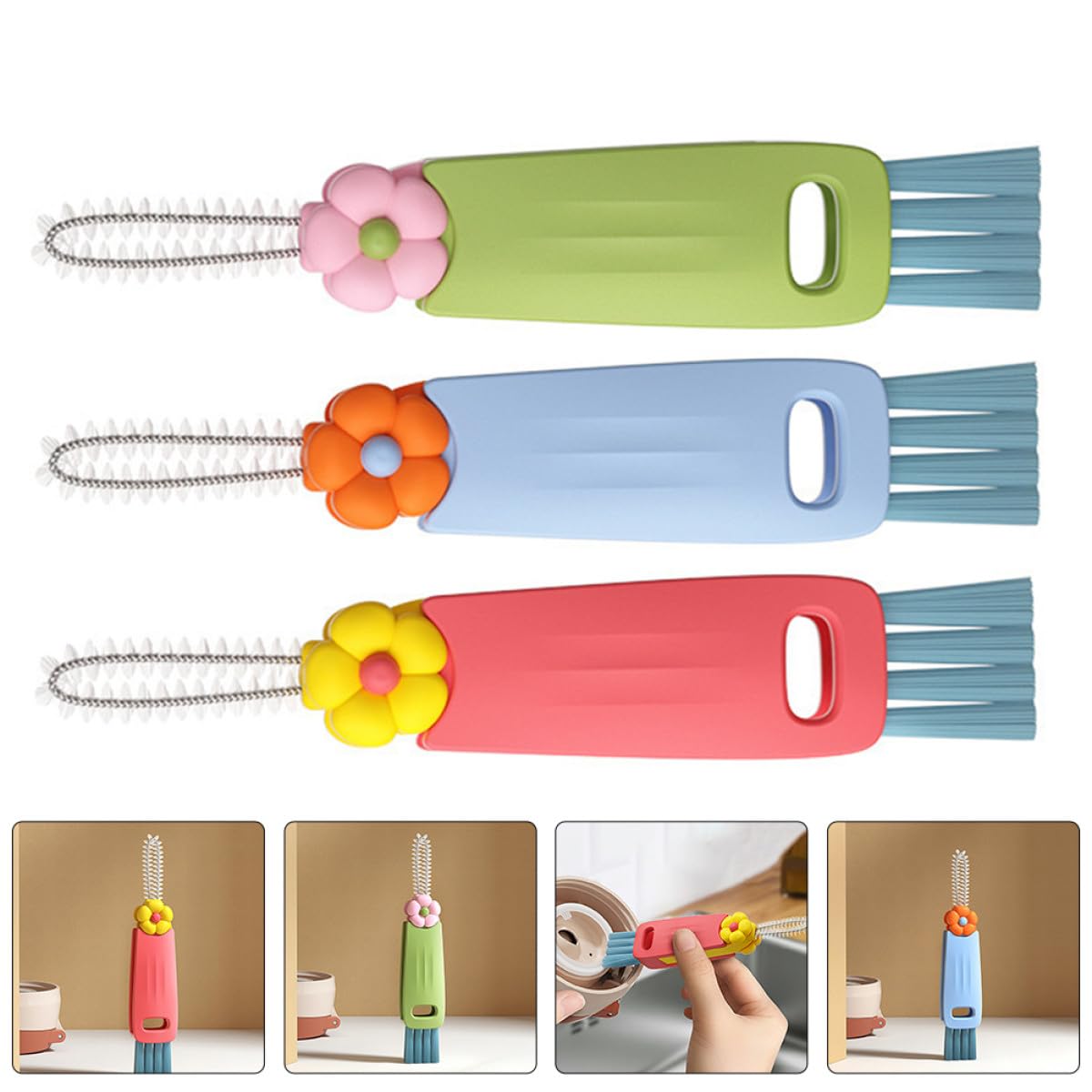 Lurrose Multi-Function Groove Brush Lid Cleaner Set with Hanging Handle, Small Flower Design, Bottle and Cup Crevice Cleaning Brush for Daily Household Use, 3pcs Kit