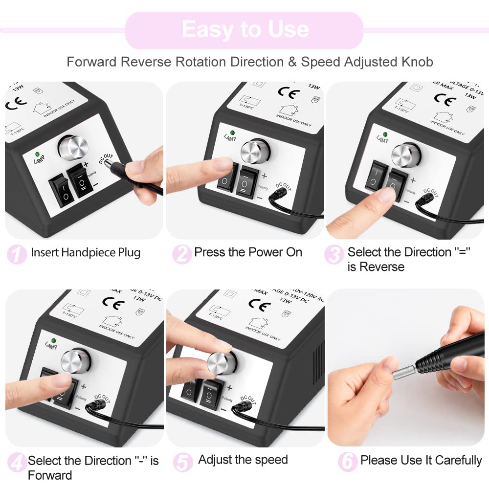 Professional Nail Drill Machine 20000 RPM Efile Electric Nail Filer Kit for Finger Toe Nails, Acrylic Gel Nails, Manicure Pedicure Drill with 6Pcs Nail Bits, 106Pcs Sanding Bands - Black