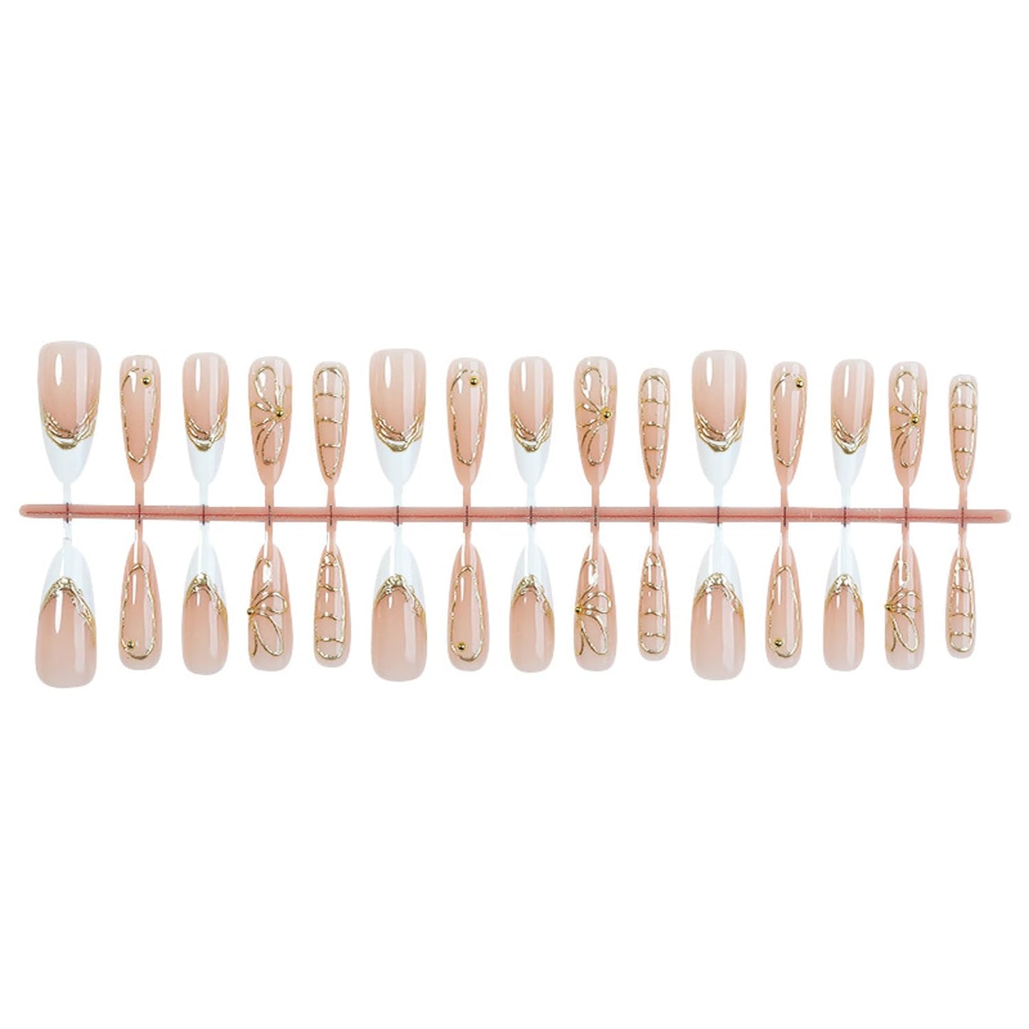 Long Stiletto Press On Nails French Tip Fake Nails 3D Gold With Flower Design Nude False Nails Acrylic Stick On Nail Cover Artificial Nail For Women Manicure 24pcs