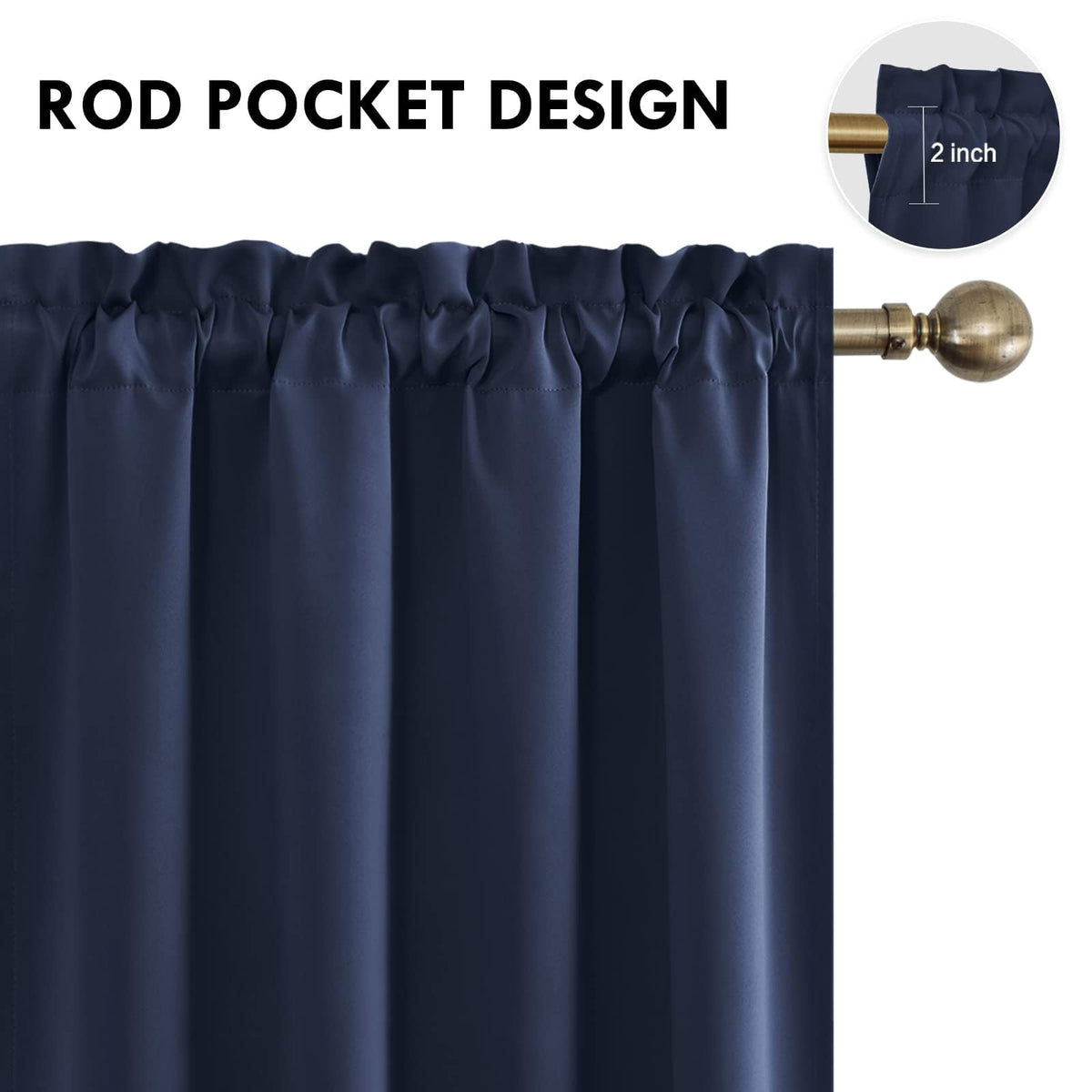 Wide Blackout Curtains for Bedroom Living Room 70 x 63 Inch Long Navy (2 Count)