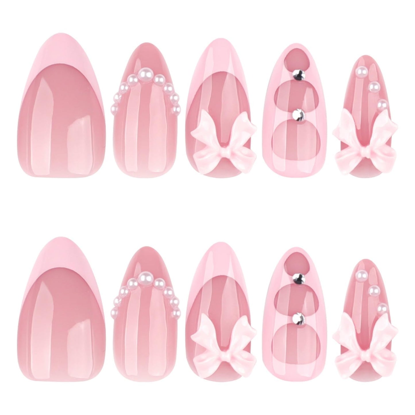 Octoswave Medium Press on Nails Almond Fake Nails Bow Artificial Nail Pearl Charm Stick on Nail for Women 24pcs