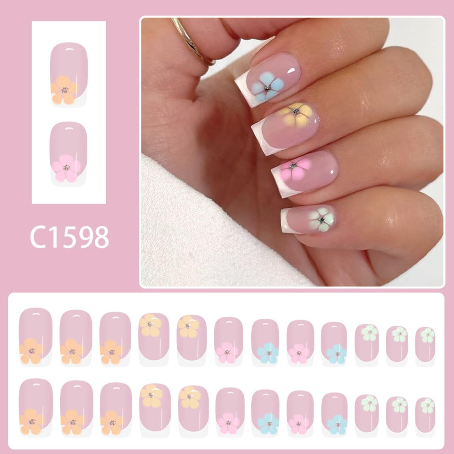Short Square Press on Nails Light Pink Gradient Base White Edge Trims Colorful Small Flower Pink Green Drill Surface Fresh Sweet Manicure Artificial Nails Suitable for Chic Shiny 24 Pcs