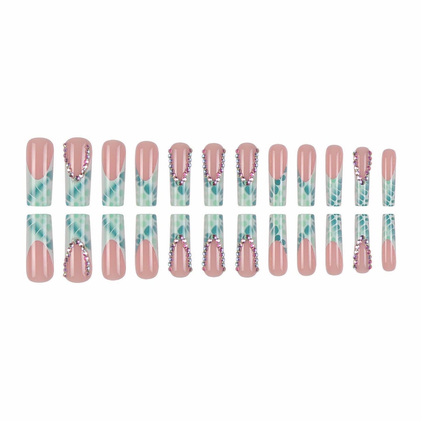 MISUD Press on Nails - Long Square Glue on Nails with Green Crocodile, Acrylic Rhinestone Design 24 pcs