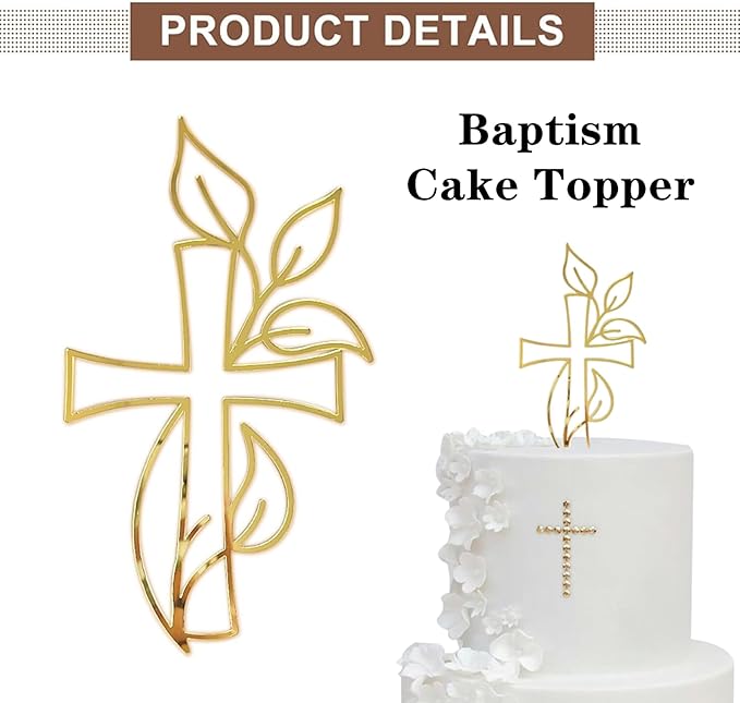 Gold Glitter Cross Baptism Cake Topper Set of 3 – God Bless Christening & Confirmation Party Decoration