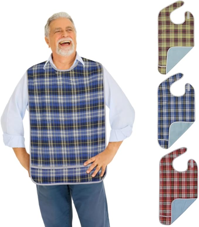 Modaliv 3-Pack Adult Bibs – Waterproof, Reusable Eating Aprons with Crumb Catcher, Machine Washable Clothing Protectors for Seniors, Elderly & Special Needs