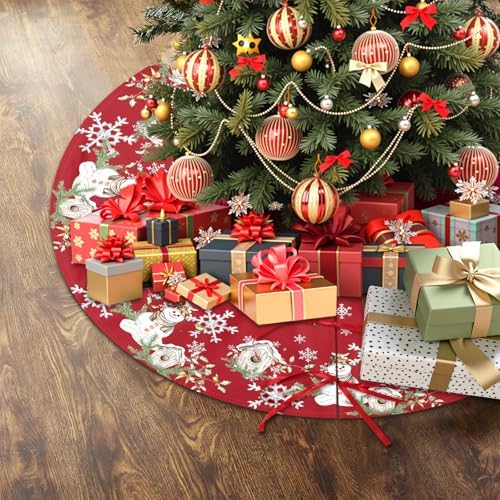 Winter Snowman Red Christmas Tree Skirt 48 Inch Xmas White Snowflake Tree Skirt Winter Snowman Christmas Tree Mat for Xmas Farmhouse Home Party Holiday Indoor Outdoor Decorations
