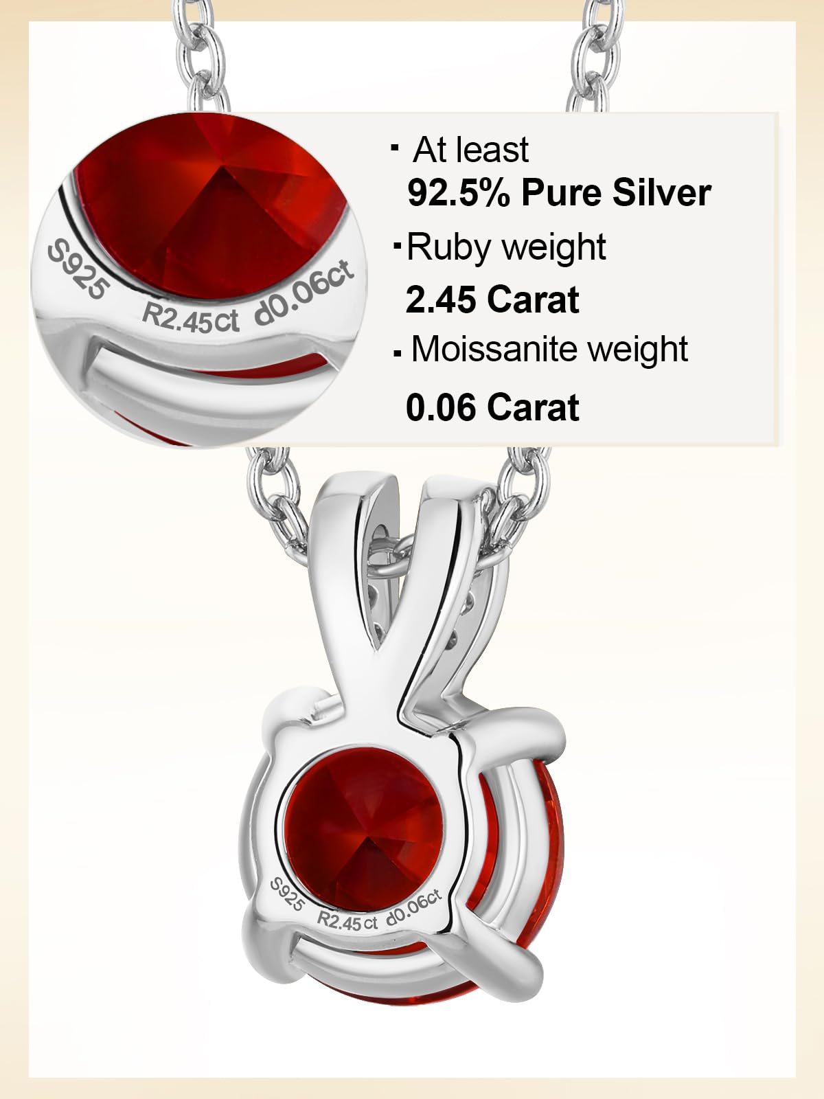 CYW 1 Carat Red Ruby Small Round Necklace for Women 925 Sterling Silver Solitaire Pendant Necklace