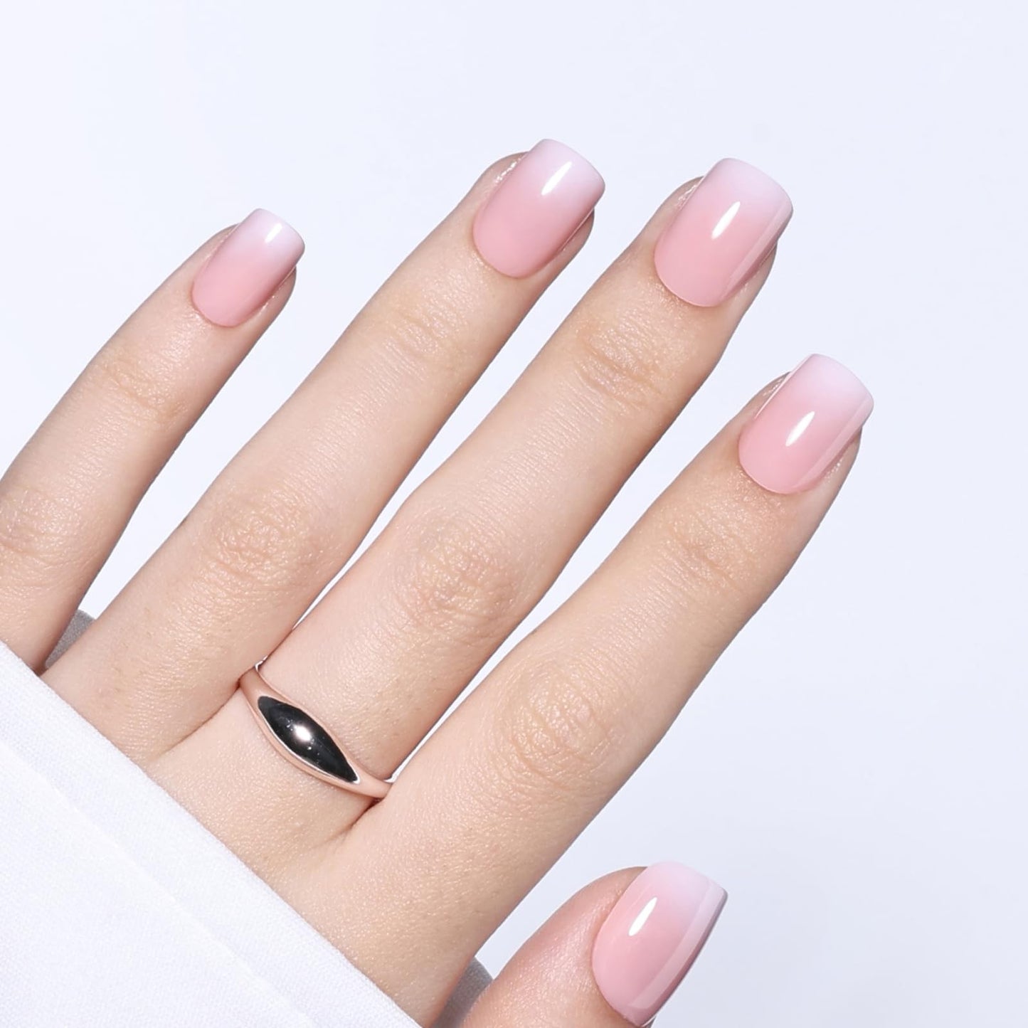 Ombre Press On Nails - Short Square Light Pink Press on Nails, Glossy Nails Press Ons for Women, Reusable Fake Nails Kit with Glue, 30 Pieces in 15 Sizes