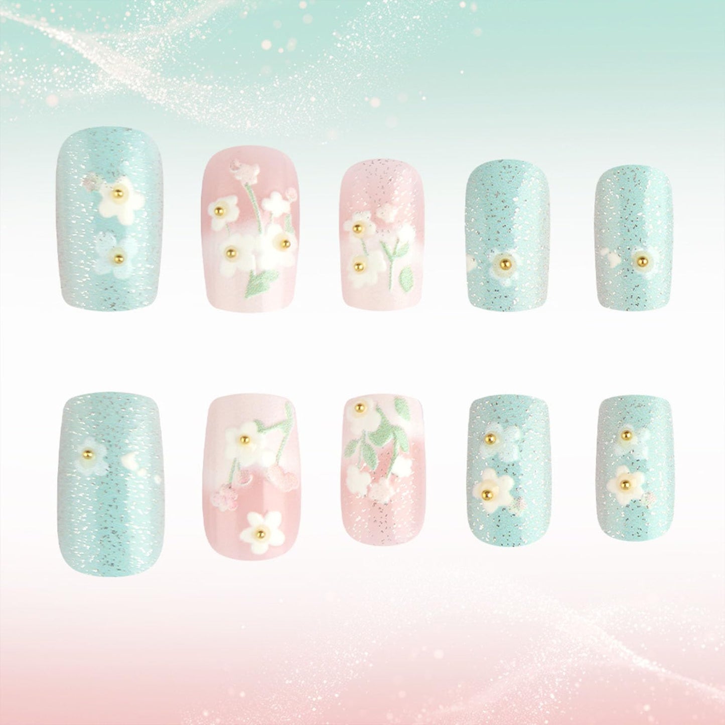 Press on Nails Medium Square Fake Nails with Green Leaves White Flower Glitter Designs Glossy Nails Press ons Pink Blue Glue on Nails Summer Acrylic Artificial Stick on Nails for Women 24Pcs