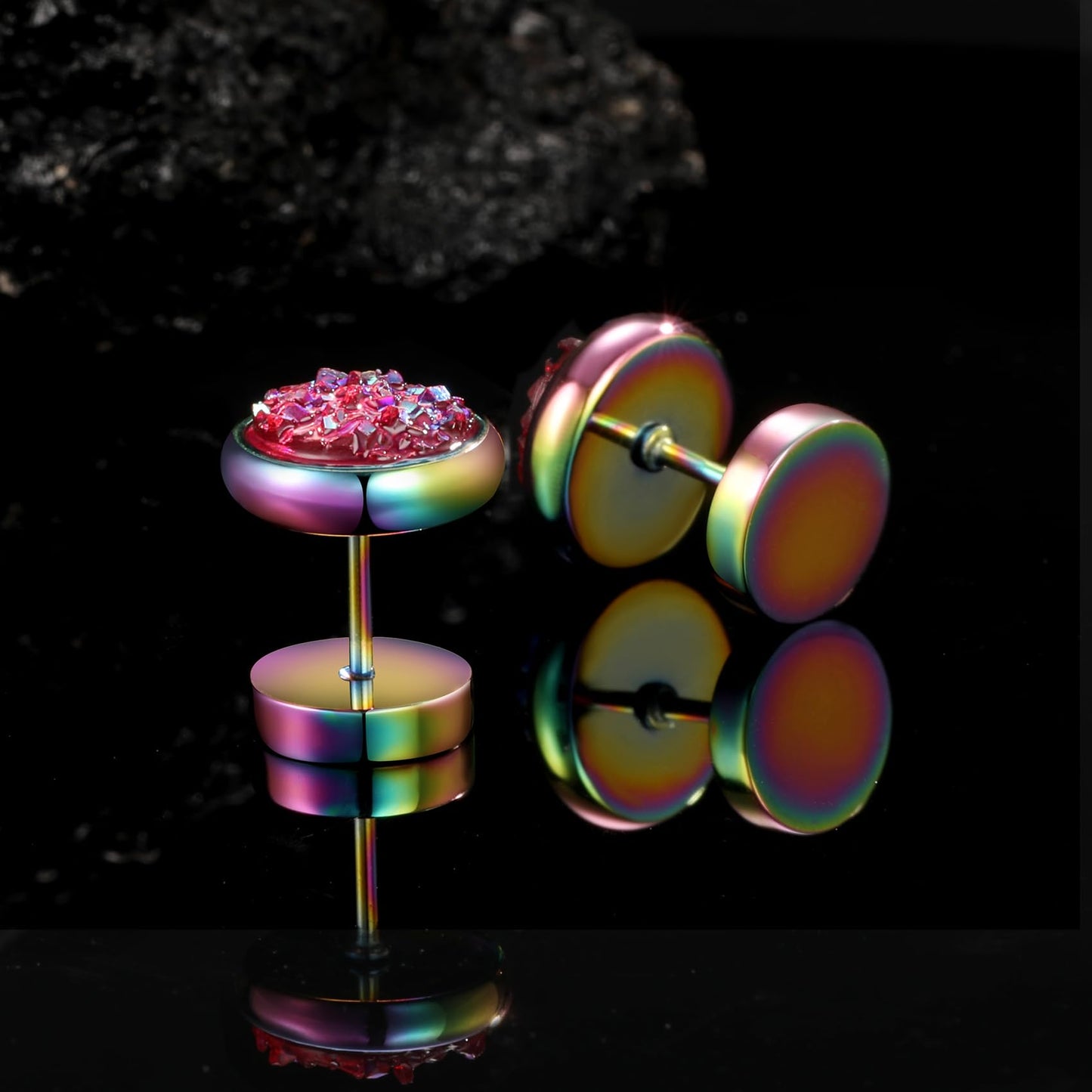 VOLUKA Crystal Stone Stud Earrings Flat Back Titanium Stainless Steel Hypoallergenic Cartilage Earrings Stud for Sensitive Ears Women Men(Pink-Rainbow)