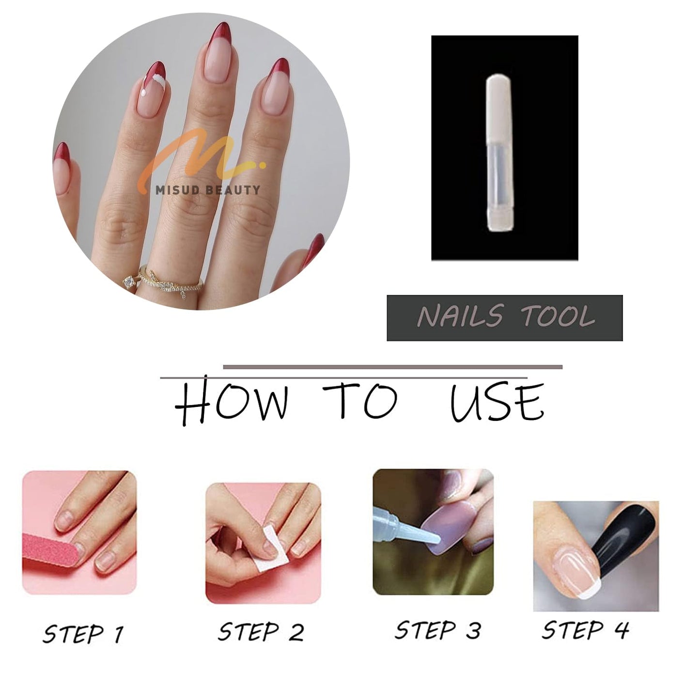 MISUD Almond, Stiletto False Nails 24pcs - Red French Tip, Christmas Hat Design, ABS Material, Press On Nails, Artificial Nails