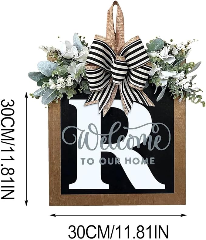 Last Name Year Round Front Door Wreath Front Porch Decoration 26 Letter Welcome Sign with Eucalyptus Garland and Bow Spring Wreaths for Front Door Outside Hanger Garland（R）