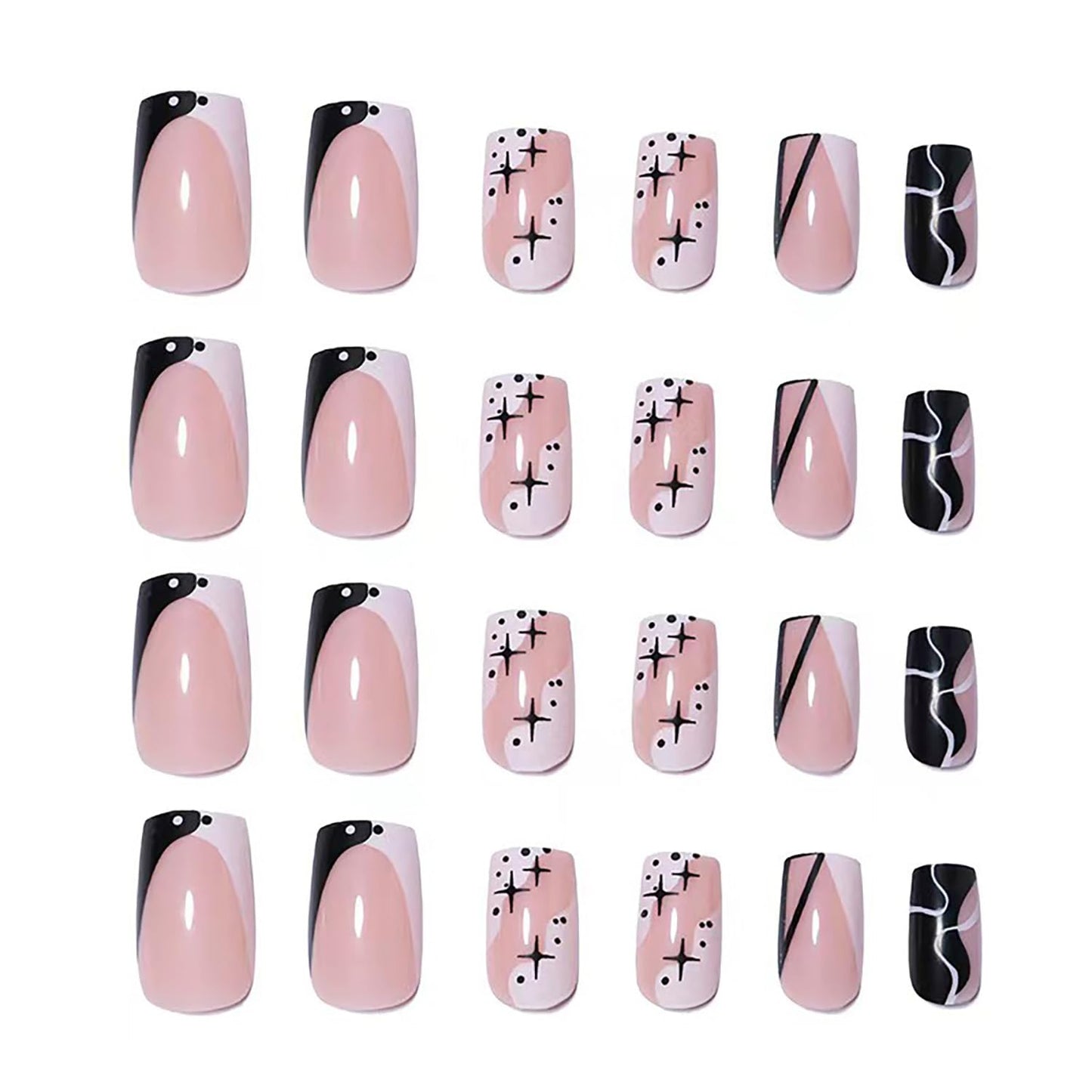 Vezocim Press on Nails Square Shapes 24Pcs French Tips Glossy Full Cover Medium Acrylic Square False Nails with Star Designs Artificial Coffin Medium Fake Nails Glue Stick ons Fingernails for Women