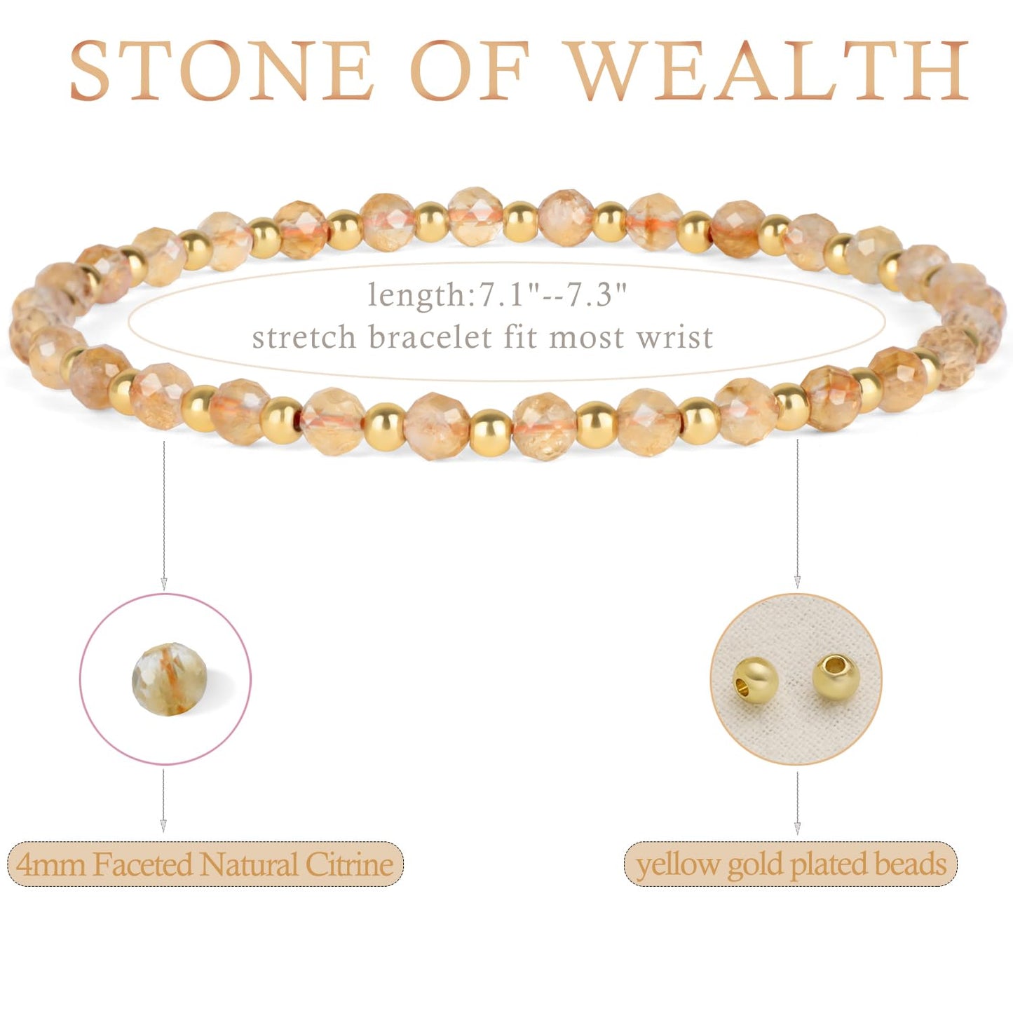QOGIR Citrine - Stone of Wealth - 14K Gold Plated Beads Natural Gemstone Stretch Elastic Dainty Healing Beaded Bracelets Gifts 4mm