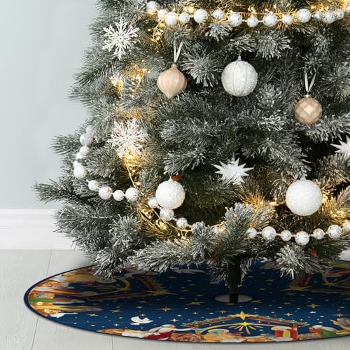 Christian Christmas Tree Skirt Religious Jesus Nativity Scene Xmas Tree Mat Navy Blue Christmas Holiday Jesus Indoor Outdoor Party Decor (36 Inches)
