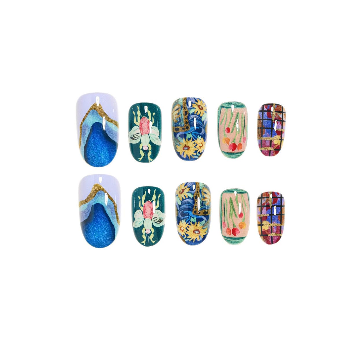 Short Press on Nails Oval - Starry Sky & Flower Design, Oil Painting Style Full Cover Glossy Fake Nails 24PCS for Women Manicure