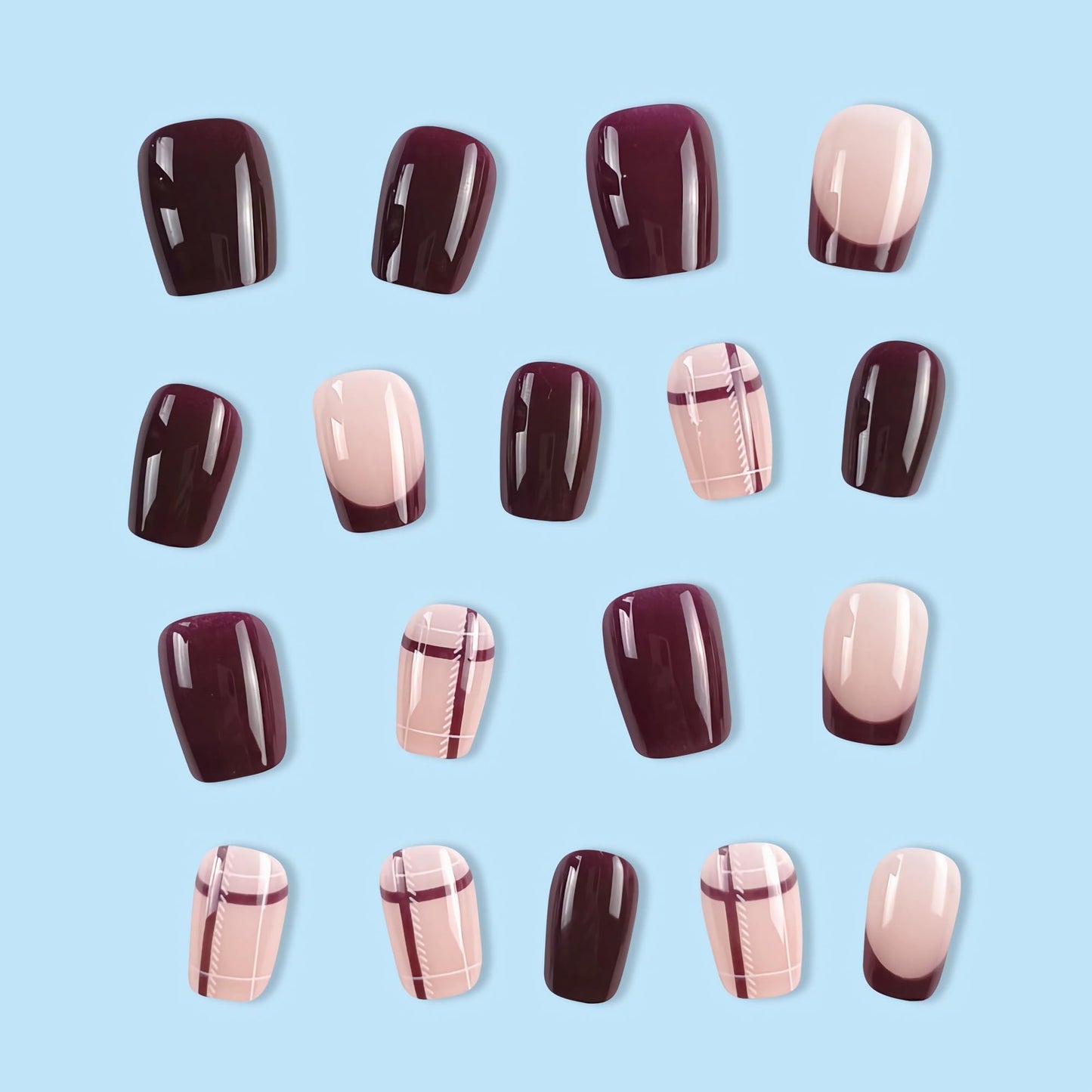 BABALAL Short Square Press on Nails, Red Fake Nails Glue on, French Tip Fall Plaid Design 24Pcs Cute Squoval Manicure Artificial False Nails for Women and Girls