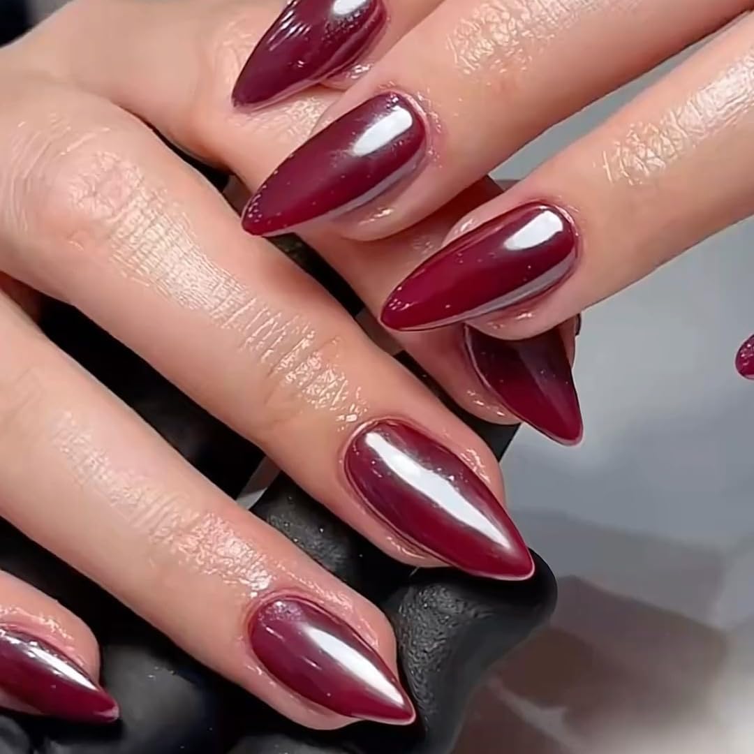 KQueenest Cat Eye Red Press on Nails Almond, Glitter Press on Nails Medium, Sparkly Shiny Soft Gel Fake Nails Set, Cute Bling Chrome Glue on Nails Medium Stiletto for Women Small Hand 30 Pcs