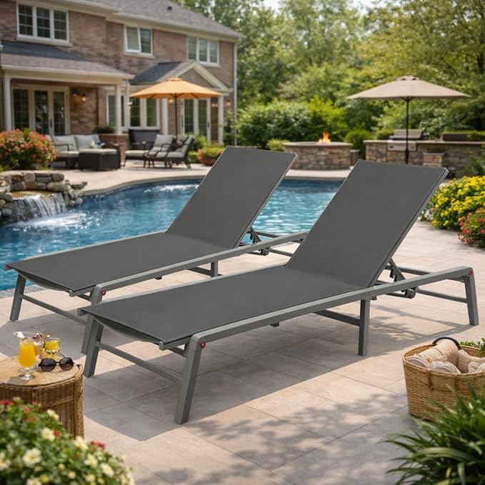 Kozyard 2-Pack Outdoor Lounge Chairs, Foldable Aluminum Frame Patio Chaise Lounge with 5-Position Adjustable Backrest, Assemble-Free, Breathable Textilene Fabric for Poolside Beach (Gray, Notable)