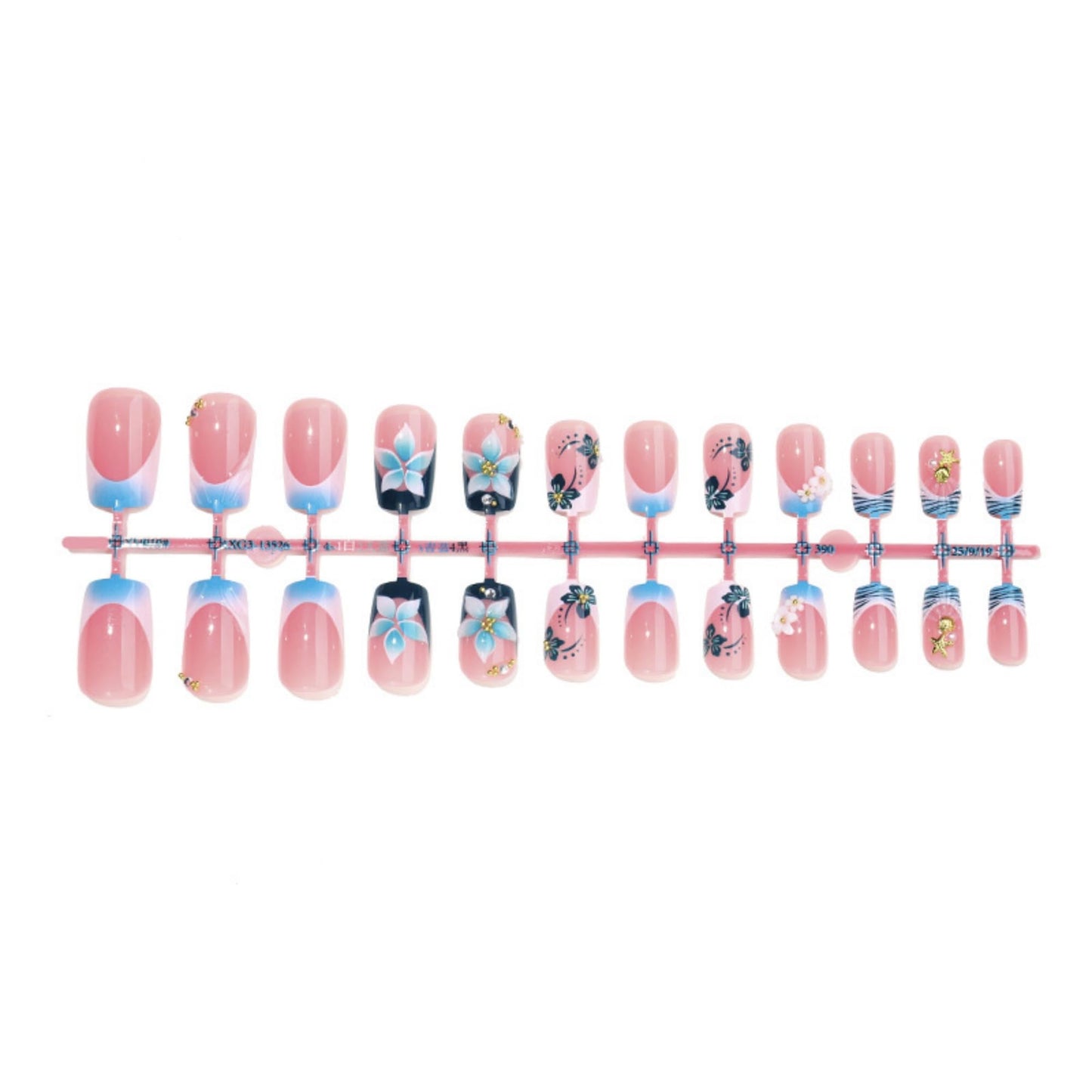 Square Press on Nails Medium Fake Nails Blue Artificial Nail French Flowers with Gold Charm Designs Stick on Nail for Women 24pcs