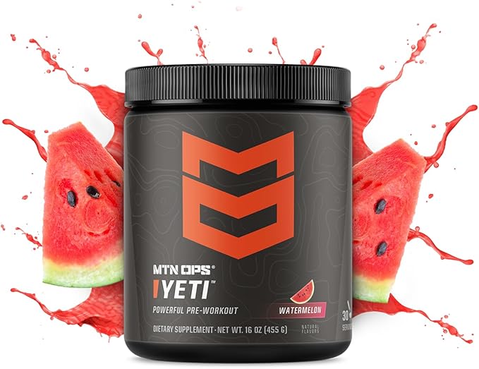 MTN OPS Yeti Pre-Workout Powder Energy Drink with Creatine, 200mg Caffeine & BCAAs with Beta Alanine, 30-Serving Tub, Watermelon