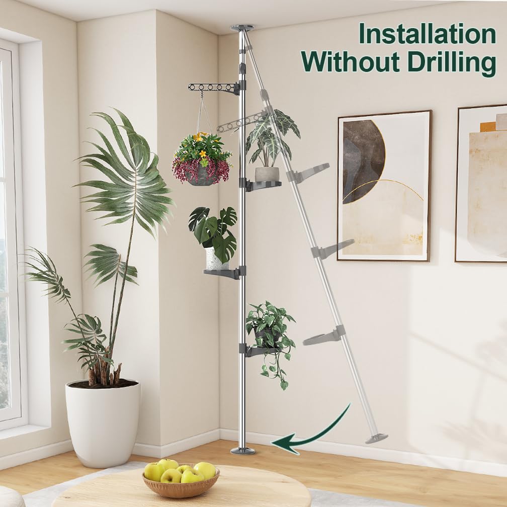 Hershii Indoor Plant Stand Pole Tension Rod Corner Standing Shelf Adjustable Flower Pots Holder Display Rack with 1 Hook & 3 Trays - Grey