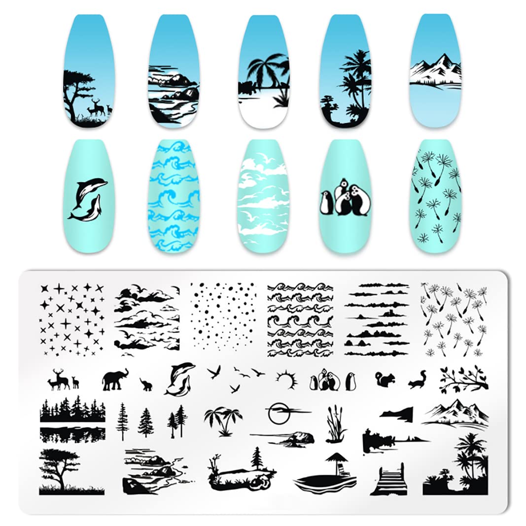 JERCLITY 6pcs Seaside Scenery Nail Stamping Plate Nail Stamping Kit for Nails Summer Beach Coconut Trees Sunset Waves Sea Animals Image Plates Nail Art Design Template Print Nail Stamper Kit for Women