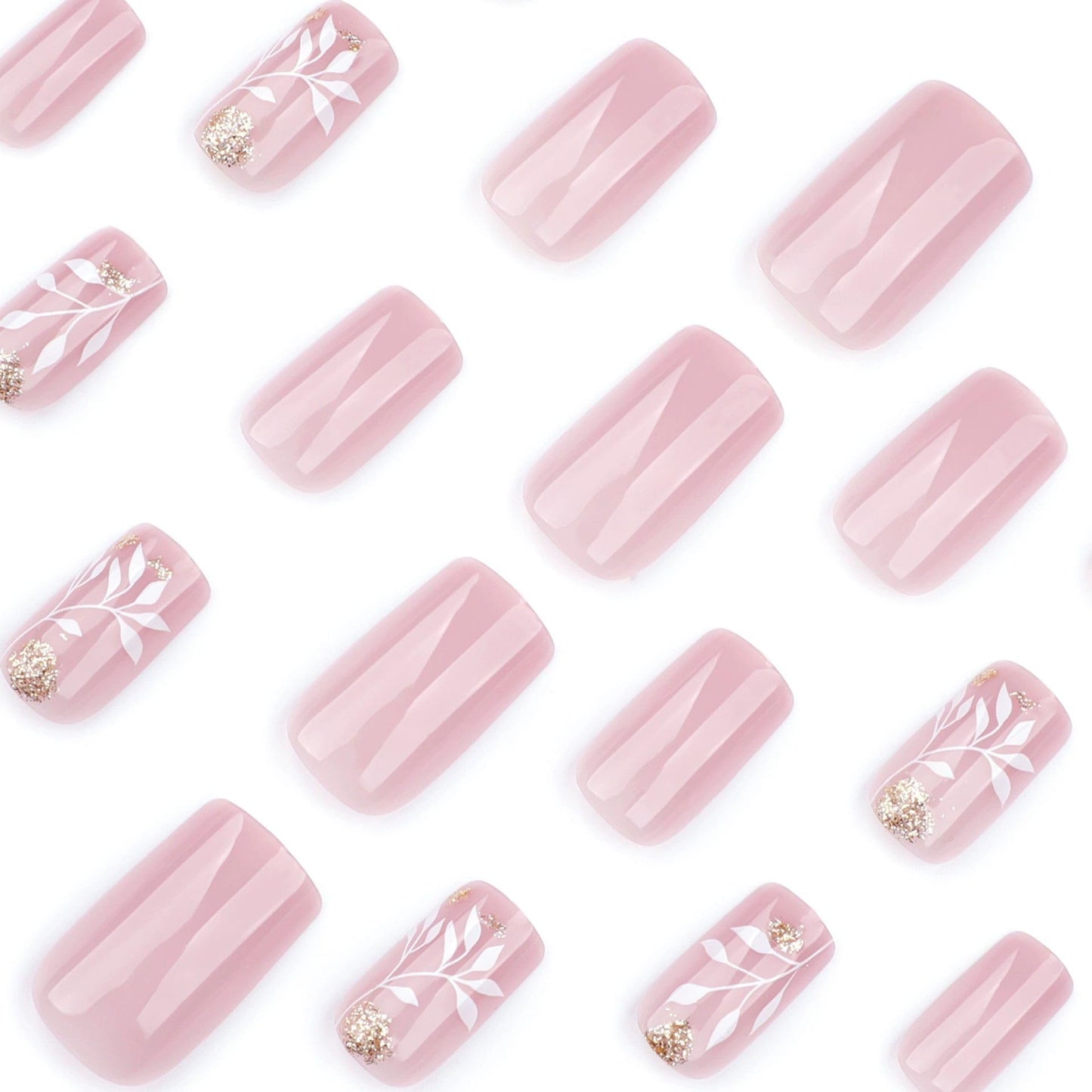 QQPPOLIU Pink Press-on False Nails,Square Glue-on Nails with Leaf Design,Short Stick-on Nails for Women and Girls