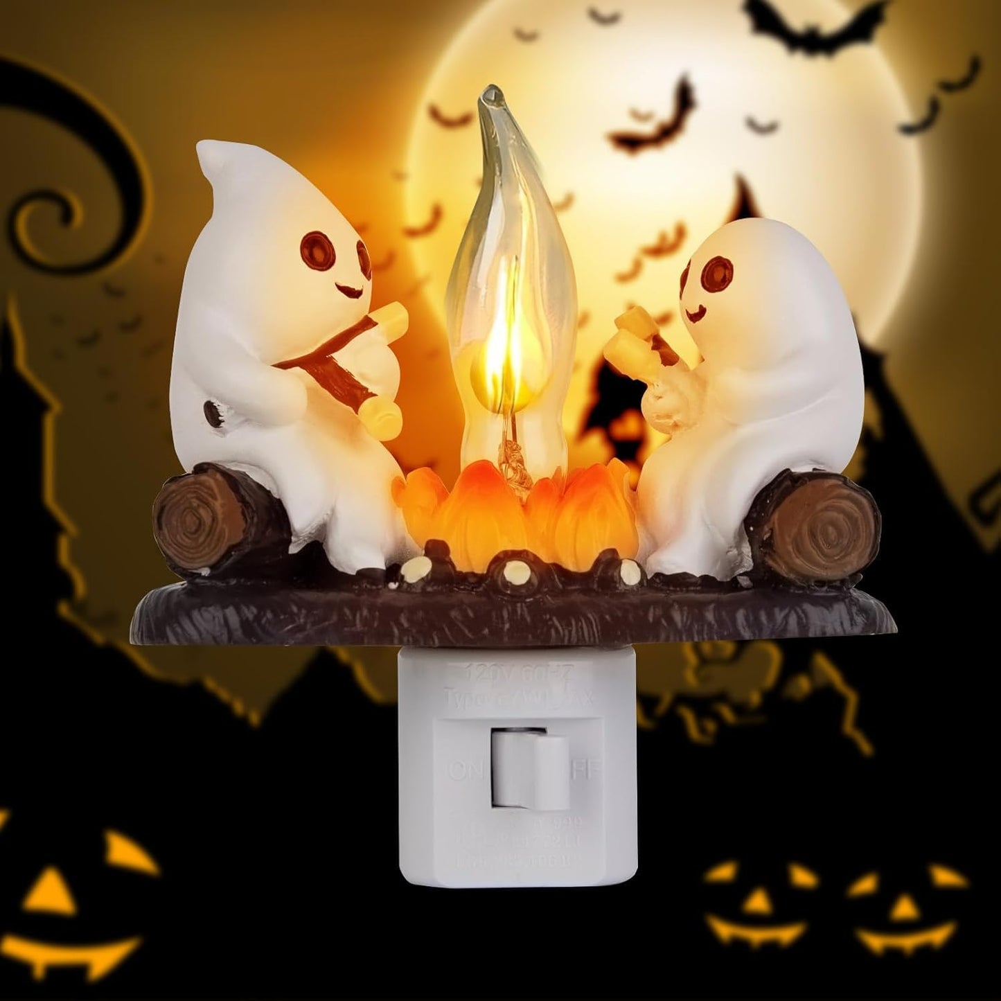 RAINBEAN Ghost Campfire Flickering Night Light, 3D Small Electric Faux Campfire Night Light,Ghosts Campfire Flicker Flame Nightlight, 5in LED Campfire Night Lights Funny Halloween Decor