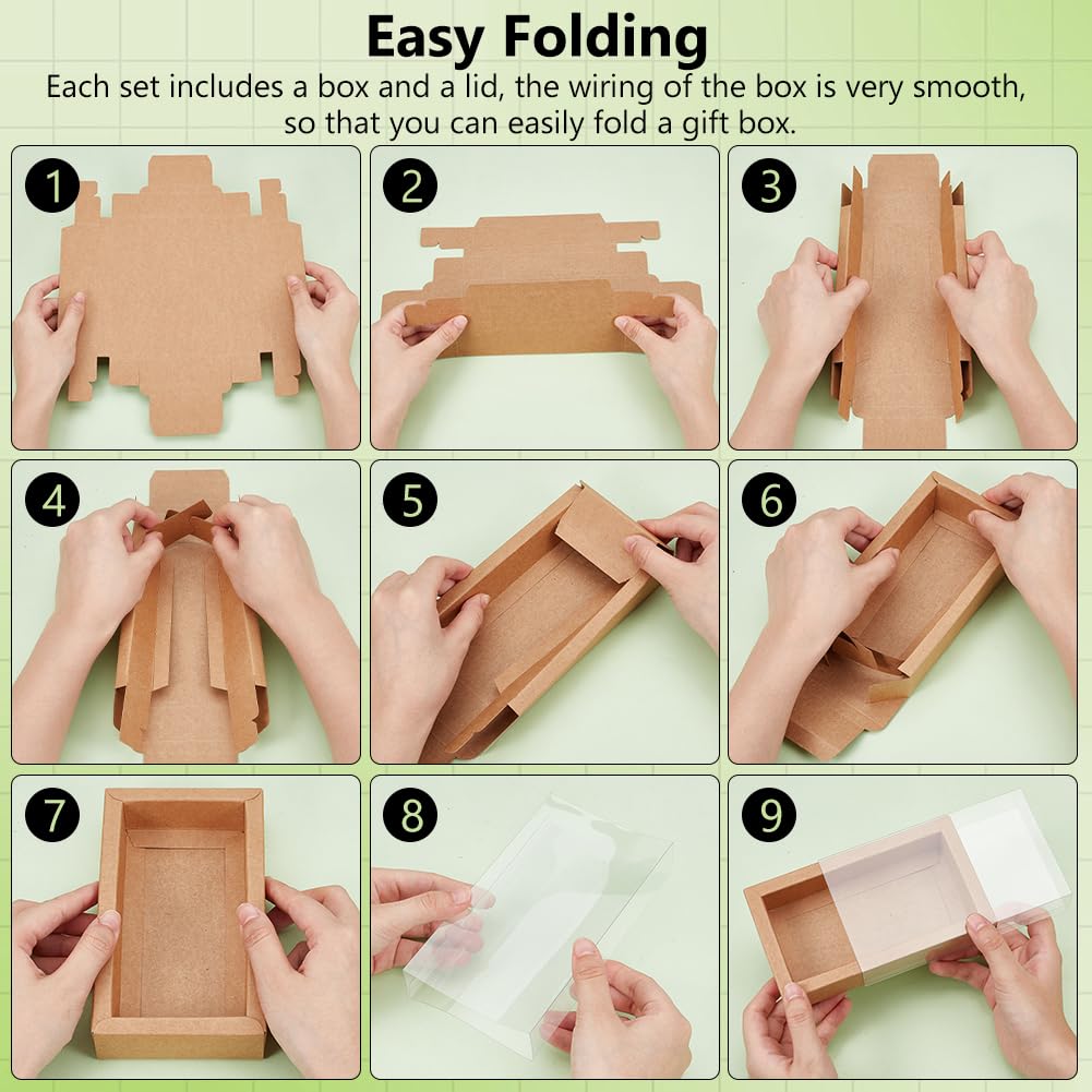 BENECREAT 30 Set Brown Kraft Drawer Gift Box, Paper Storage Organizers with Translucent Plastic Sliding Lid for Wedding Favors, DIY Crafts, Small Item Display, 7.17x5.12x1.8inch