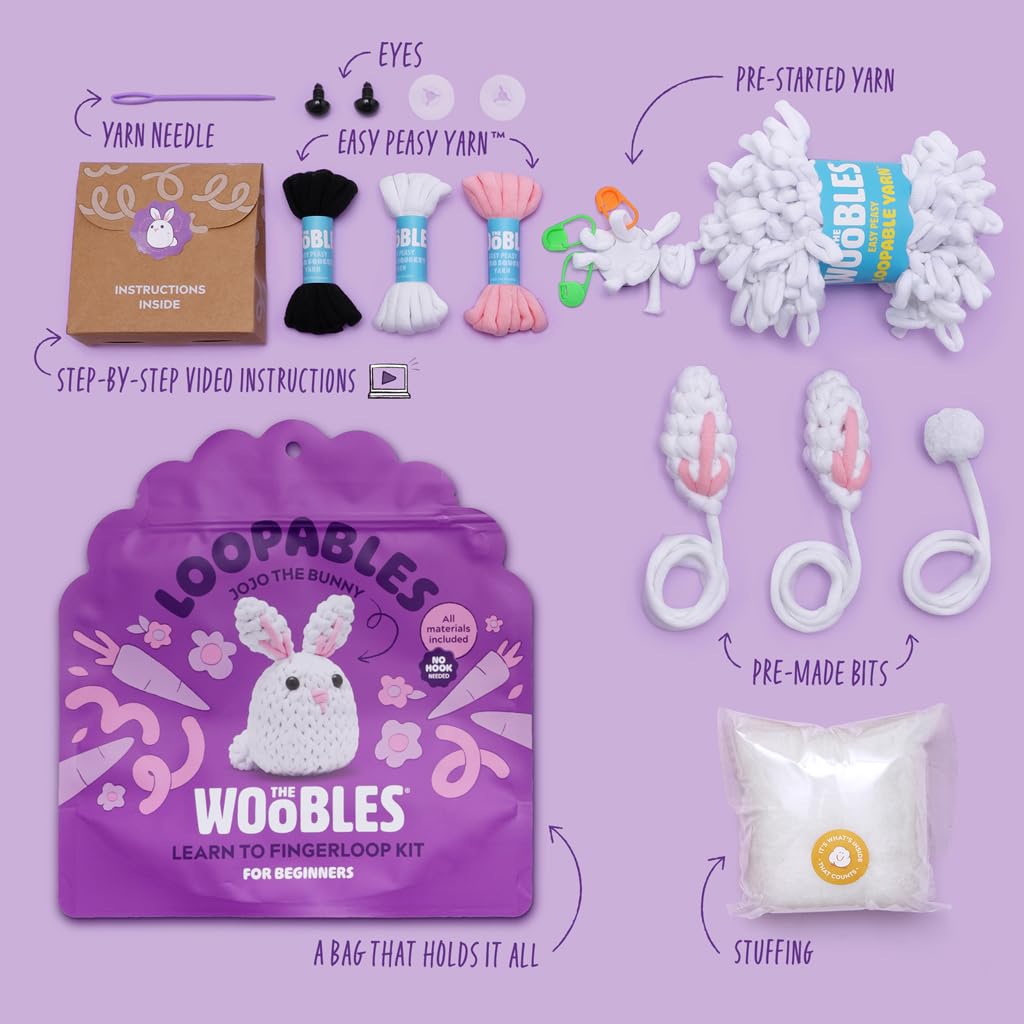 The Woobles Crochet Kit for Beginners with Easy Peasy Loopable Yarn, As Seen on Shark Tank - Easy Arts and Crafts Knitting & Crochet Animals Kit with Step-by-Step Video Tutorials (JoJo the Bunny)