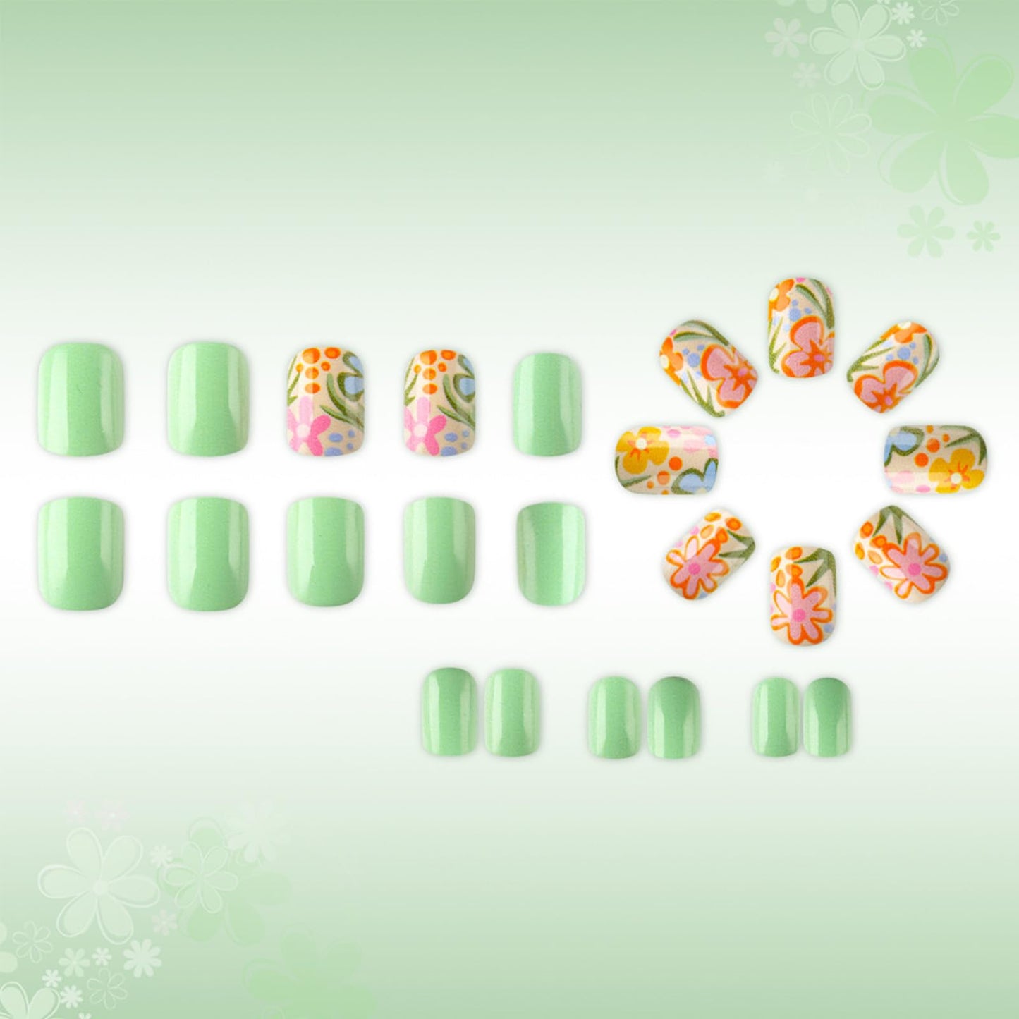 Sage Green Press on Nails Short Square Fake Nails with Cute Flowers Design Spring Summer False Nails Press ons Glossy Stick on Nail Reusable Artificial Glue on Nails for Women 24Pcs