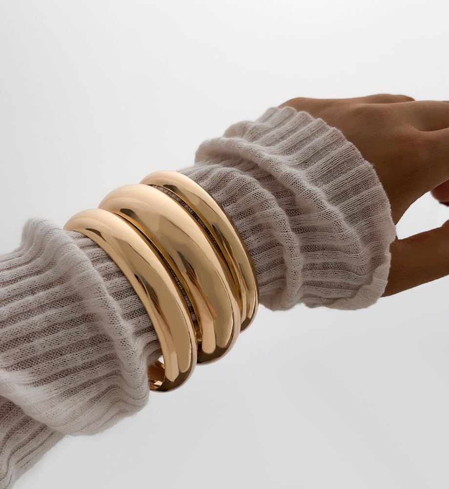 Chunky Gold Bangle Bracelets for Women, Dainty 14k Gold Plated Big Stackable Bangles Set, Trendy Statement Cuff Bracelet Stack Fashion Jewelry Gifts (3 Thick gold bangles)