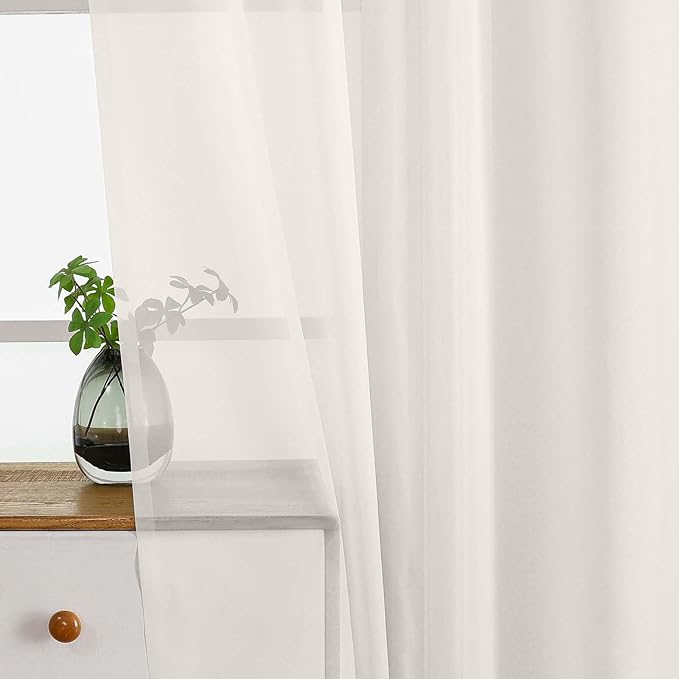 Ivory Valances for Windows 14 inch Length 2 Panels Set, Small Voile Sheer Curtains for Bathroom, Soft Fabric Lightweight Light Filtering Kitchen Curtains, Dual Rod Pocket, 2x42Wx14L Inches